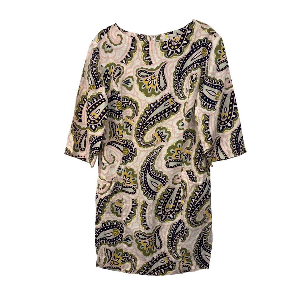 Boden Laurie Dress US 6R Women Pink Paisley Linen Shift Mini Pocket Short Sleeve